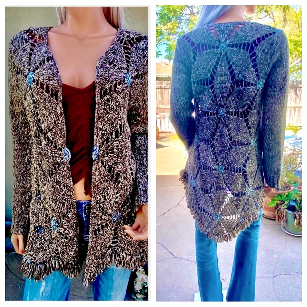 XS-M BoHo Chic Crochet Scallop Fringe Cardigan Duster Sweater - Picture 3 of 16